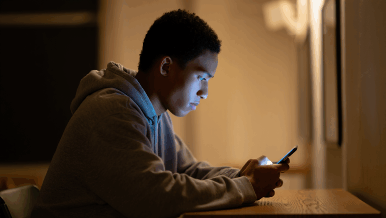 Person with tech neck slouching over a smartphone
