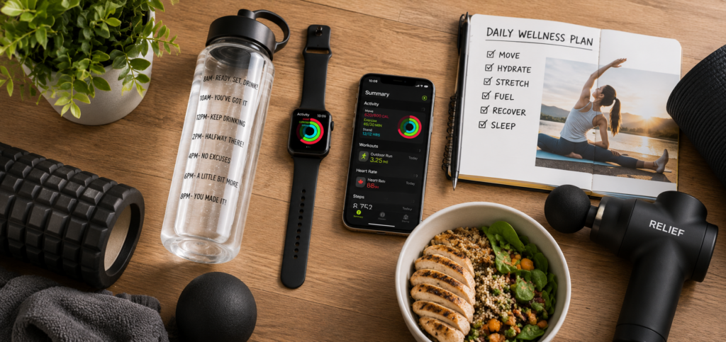 Balanced wellness routine with smartwatch fitness tracking hydration stretching and recovery tools