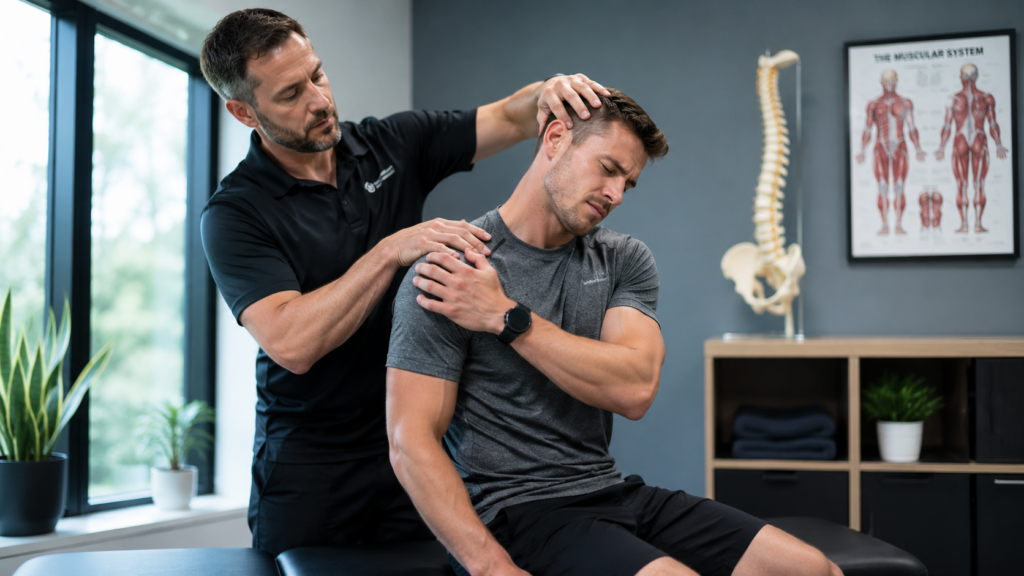 Chiropractor examining athlete with smartwatch-related shoulder and neck pain