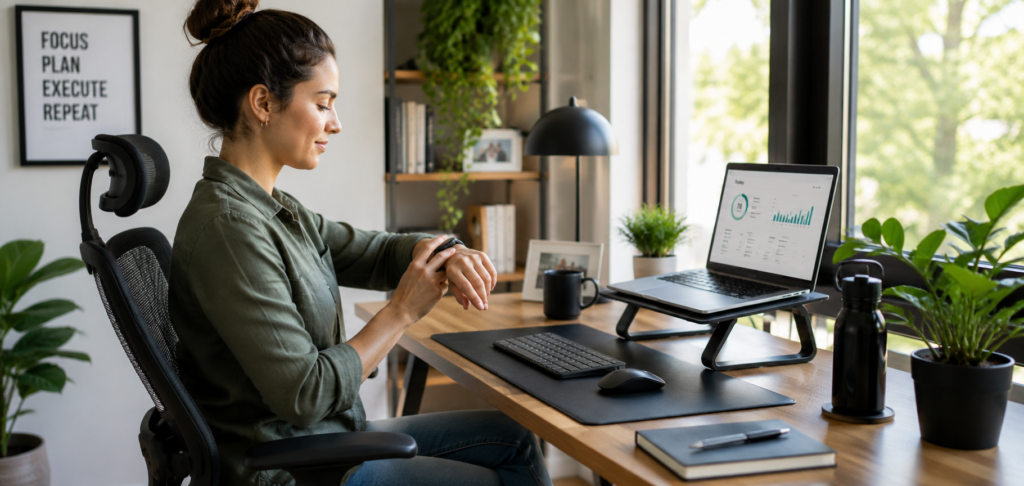 Remote worker using fitness smartwatch with ergonomic posture