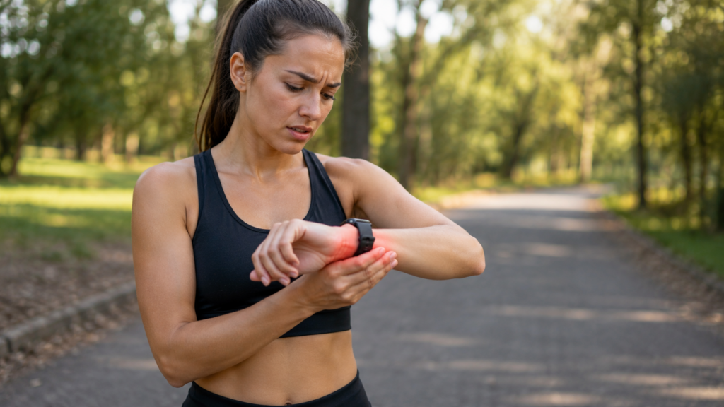 Woman checking smartwatch during outdoor workout while experiencing wrist pain