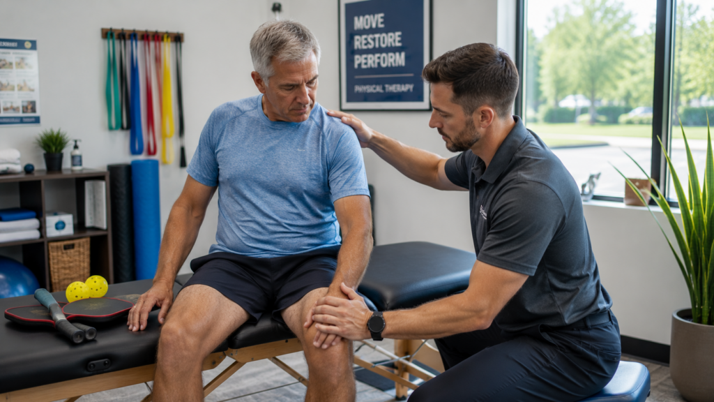 Physical therapist evaluating pickleball player's shoulder and knee pain