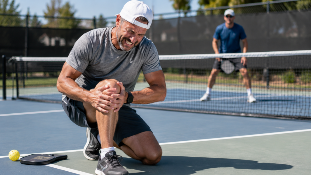 Pickleball player holding knee after sudden movement during outdoor match