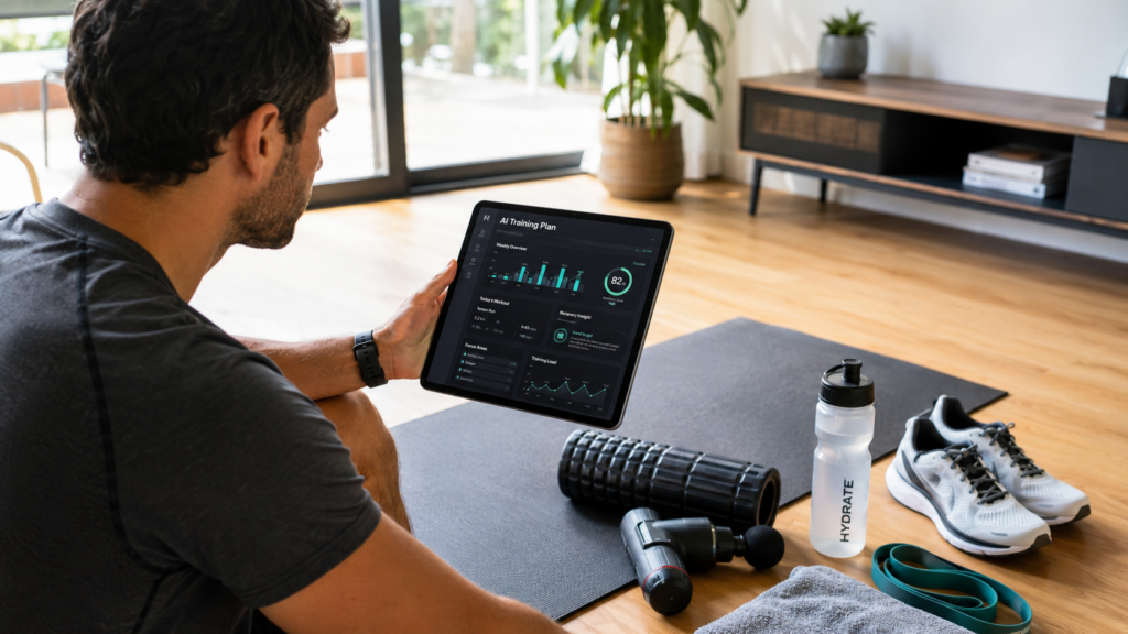 Runner reviewing AI training plan with stretching mat hydration and recovery tools