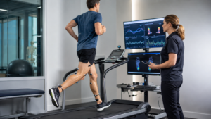 Runner using AI gait analysis technology on treadmill to identify injury risks