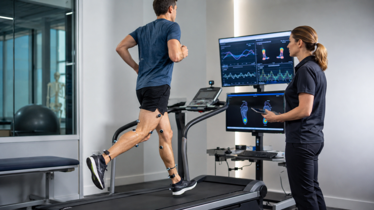 Runner using AI gait analysis technology on treadmill to identify injury risks