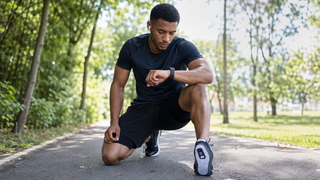 Runner wearing smart insoles and sports watch during outdoor training session