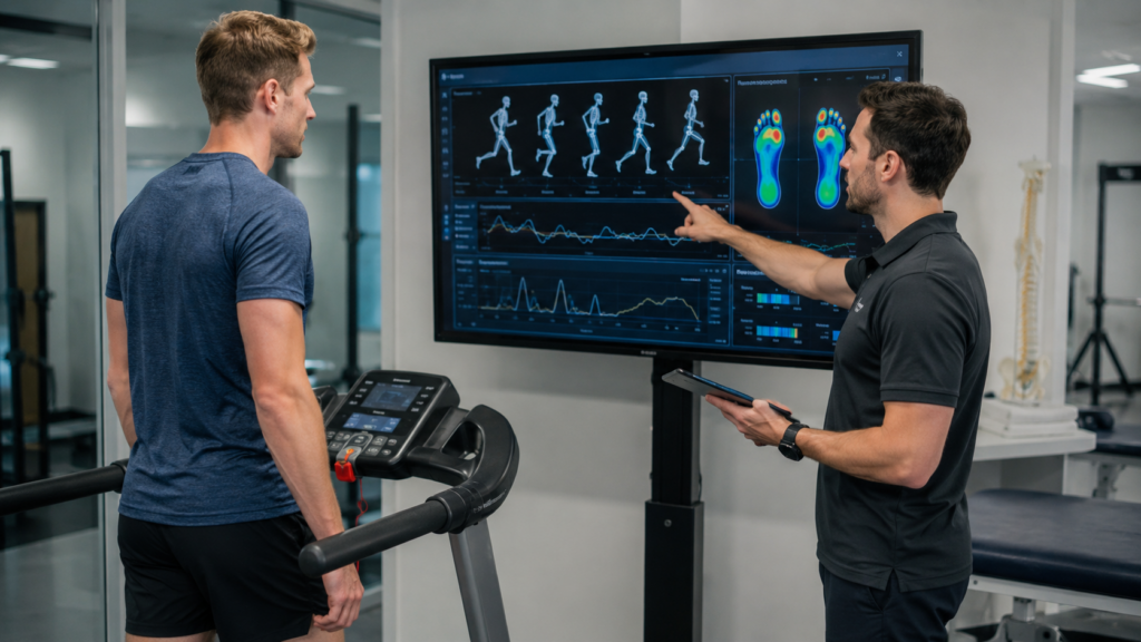 Sports therapist reviewing treadmill gait analysis data with runner in clinic