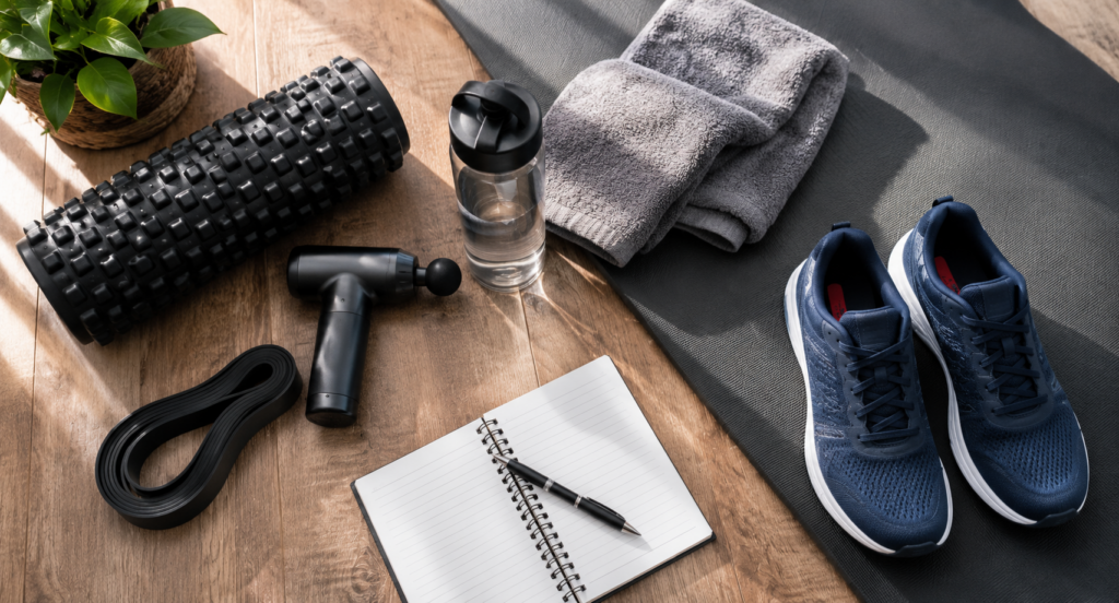 Balanced recovery routine with hydration stretching foam roller and safe fitness technology tools