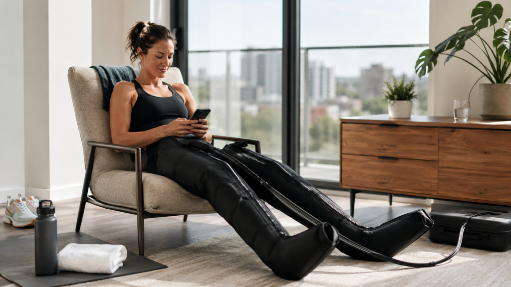 Runner using compression recovery boots safely while resting after a training session