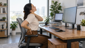 Office worker experiencing neck and back discomfort from poor workplace posture
