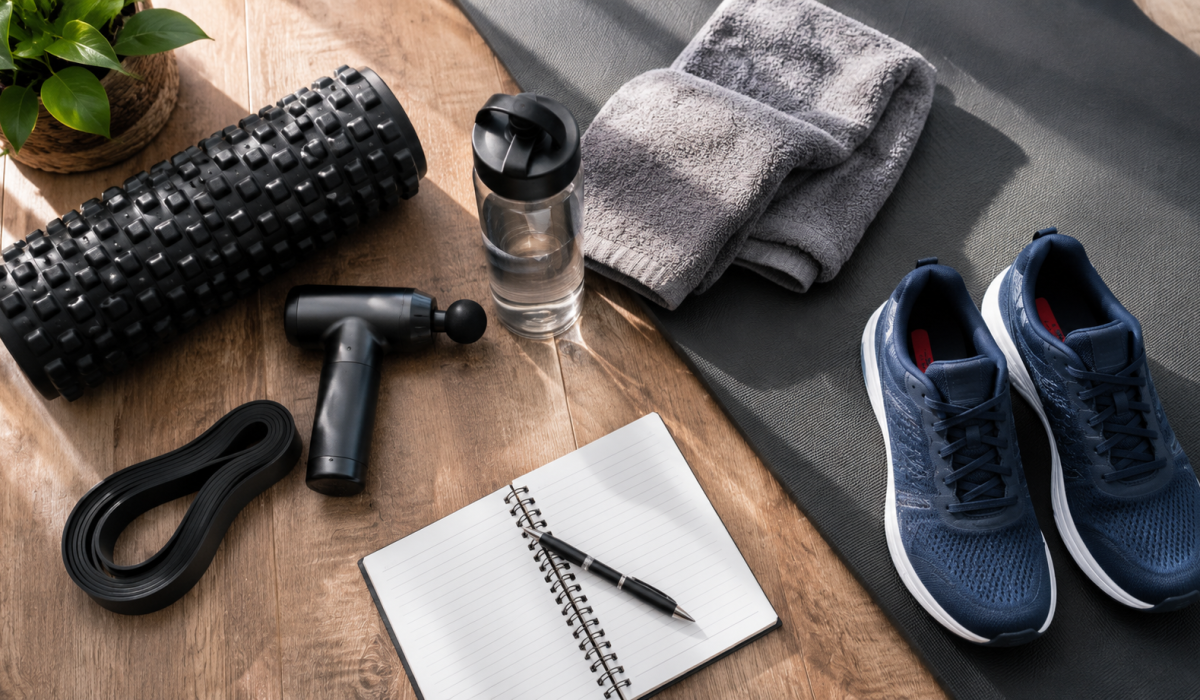 Balanced recovery routine with hydration stretching foam roller and safe fitness technology tools