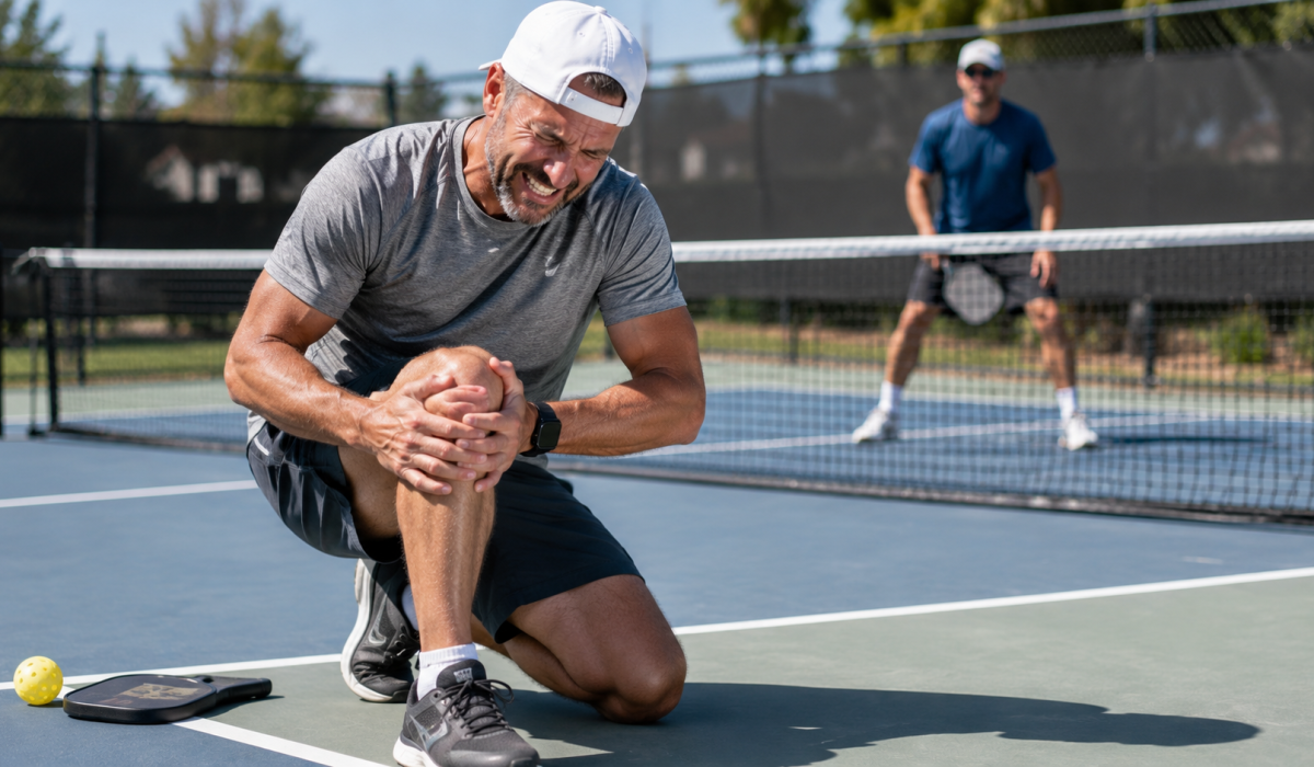 Pickleball player holding knee after sudden movement during outdoor match