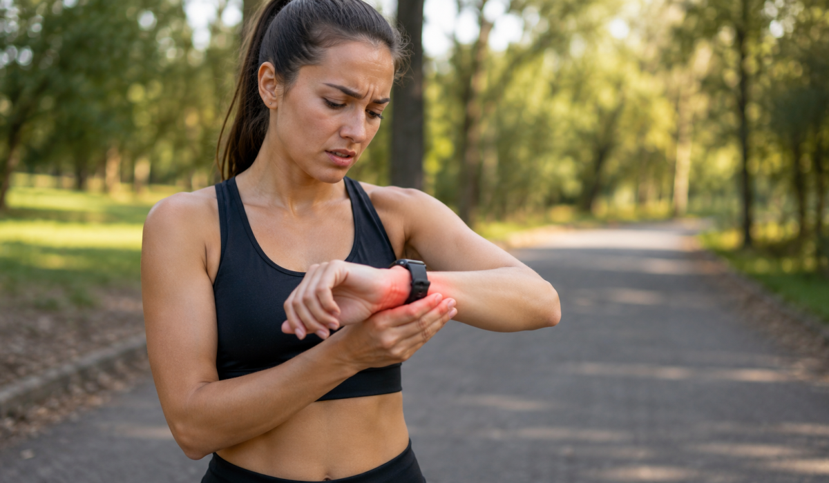 Woman checking smartwatch during outdoor workout while experiencing wrist pain